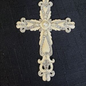 Large Cream and Faux Pearl Enameled Cross Pendant Ornament Craft